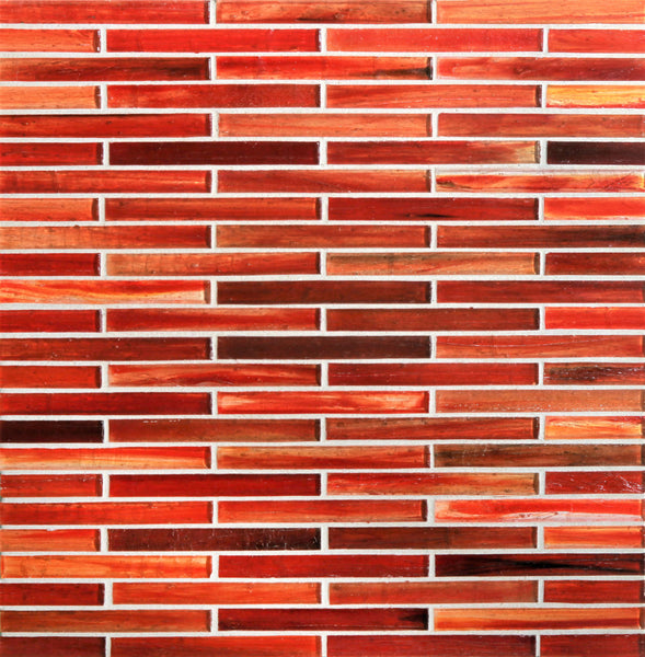 A close-up of a wall with Tozen .84 sf/sh Brick Mosaic Tile in Natural, showcasing rectangular tiles arranged in a horizontal brick pattern and separated by white grout for a sophisticated finish.