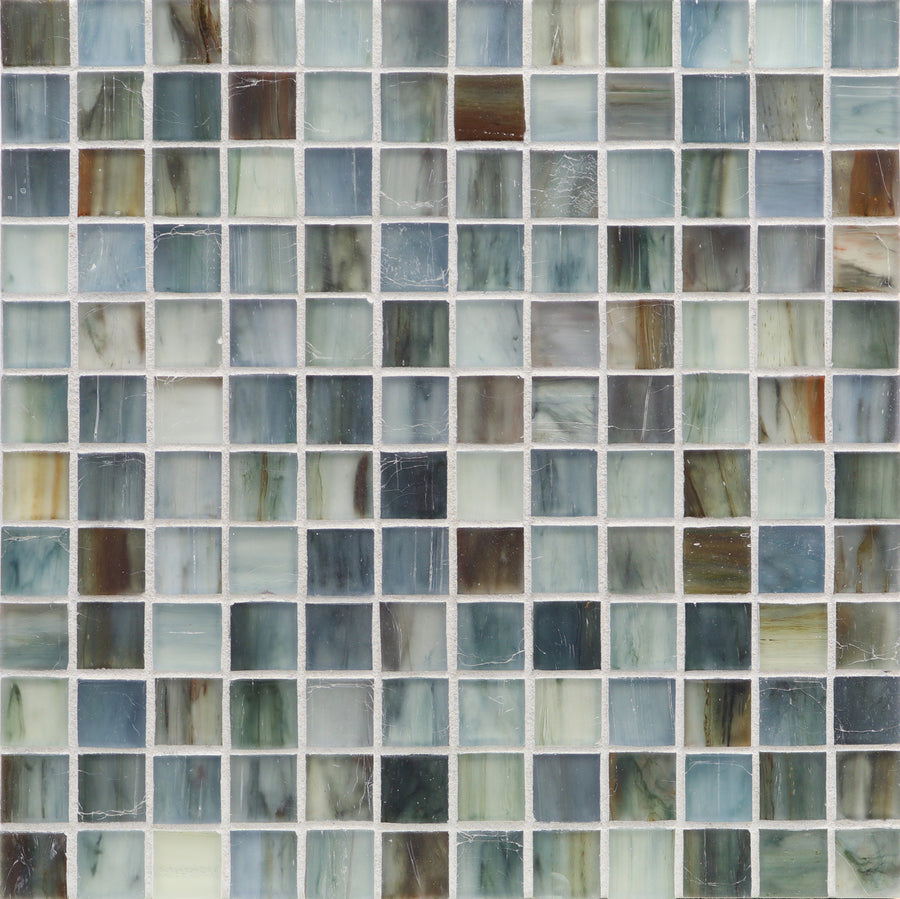 A close-up of the Tozen Mosaic Tile in Mosaic Silk shows small, glossy, marbled square tiles with white grout lines—highlighting its refined mosaic detailing and making it ideal for stylish accent walls.
