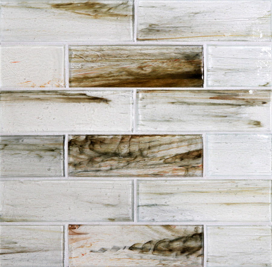Tozen 2" x 6" Strontium Subway Tiles in Natural, arranged staggered, feature a glossy finish and visible texture for a modern yet slightly rustic look.