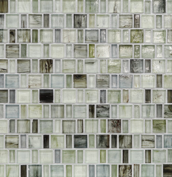 A close-up of the Tozen Japonaise Mosaic Tile in Natural, featuring small square glass tiles in white, gray, green, and beige tones that create a textured surface inspired by Japanese aesthetics.