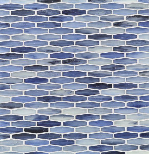 Tozen Martini Mosaic Tile in Martini Silk features a geometric hexagonal design with premium ceramic tiles in blue and white tones, accented by white grout lines for a textured, luxurious appearance.