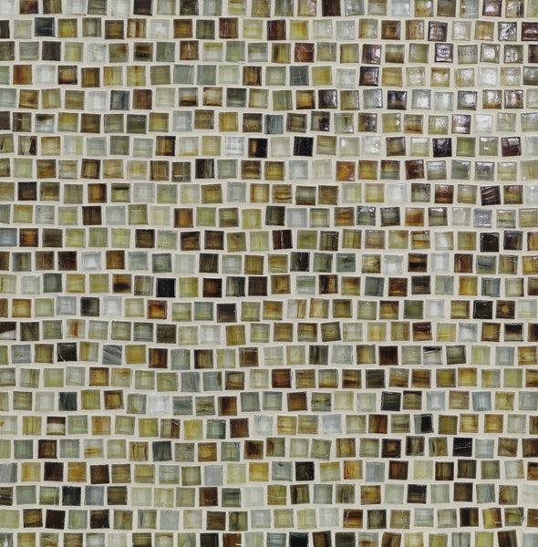 A close-up of the Tozen Pompeii Mosaic Tile in Natural shows small square tiles in varied shades, arranged unevenly. The glossy surface highlights its luxury flooring appeal.