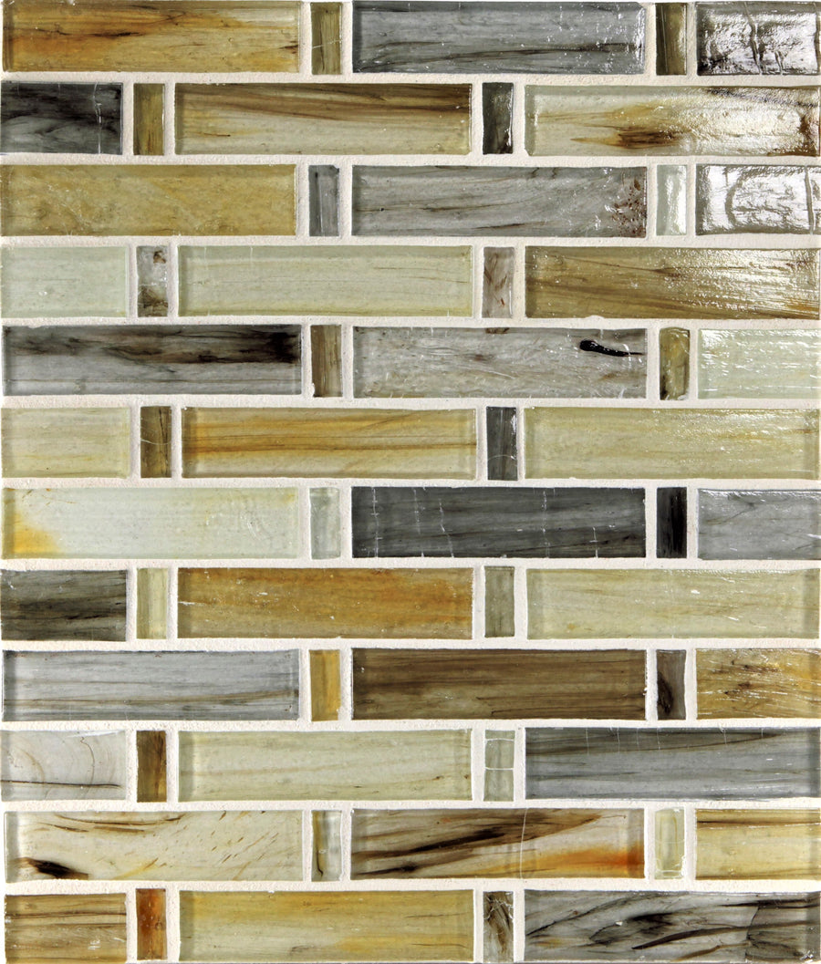 A close-up of the Tozen Tresse Mosaic Tile in Natural, highlighting rectangular tiles arranged in a staggered pattern with white grout lines for a luxurious look.