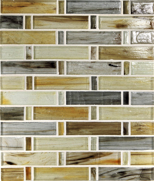 A close-up of the Tozen Tresse Mosaic Tile in Natural, highlighting rectangular tiles arranged in a staggered pattern with white grout lines for a luxurious look.