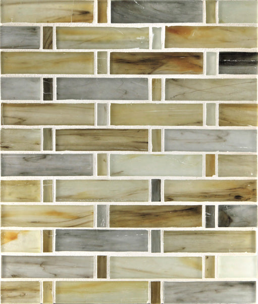 A close-up of a Tozen Tresse Mosaic Tile wall in the color Silk, featuring rectangular tiles in soft neutral shades arranged in a staggered brick pattern with white grout for a luxurious look.