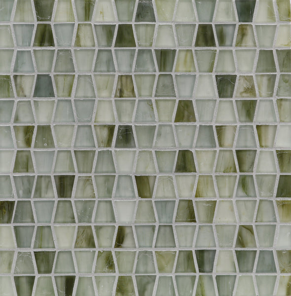 A close-up view of the Tozen Wings Mosaic Tile in Wings Straight Set Silk, featuring small, irregular tiles in green, white, and gray tones arranged in a refined pattern with visible grout lines.