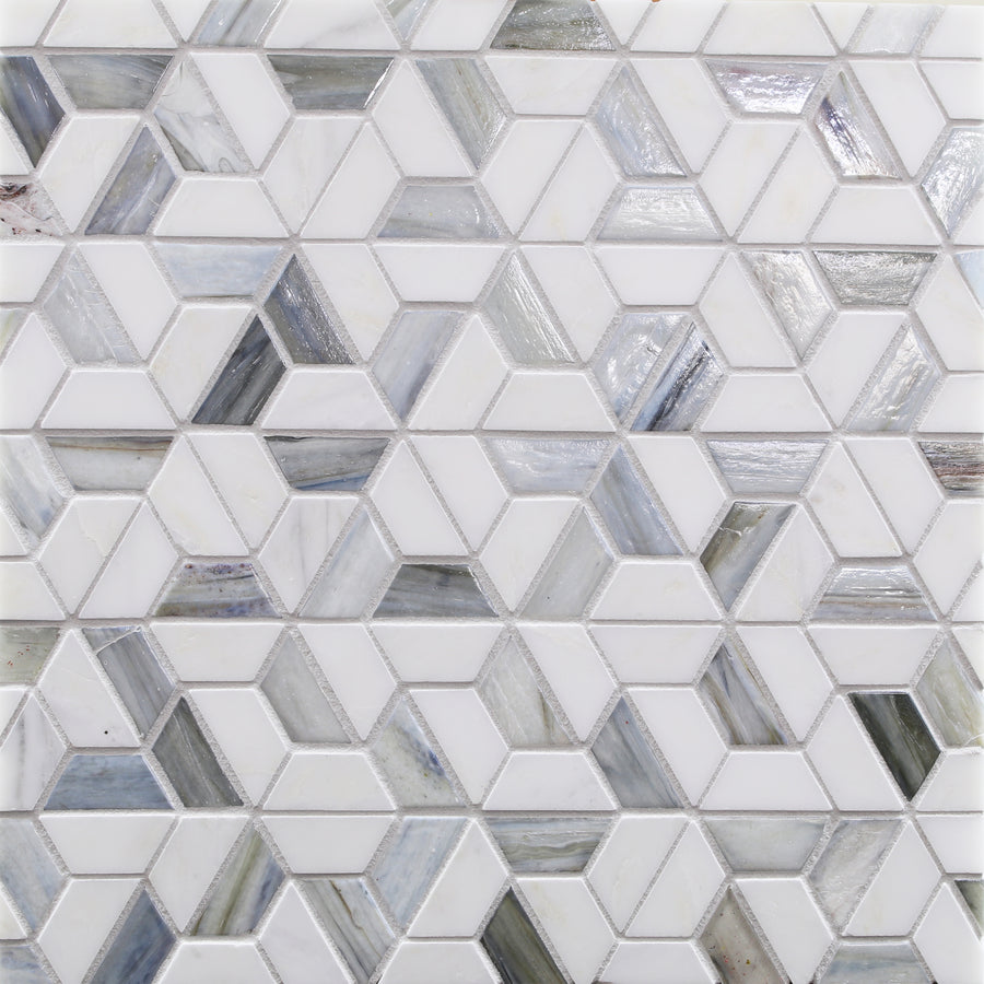The Vesuvio Kindred Mosaic Tile in Himalayan features a geometric pattern with white, gray, and light blue shapes for a 3D mosaic look. Made from durable ceramic with glossy surfaces, it reflects light for a modern touch.