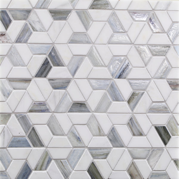 The Vesuvio Kindred Mosaic Tile in Himalayan features a geometric pattern with white, gray, and light blue shapes for a 3D mosaic look. Made from durable ceramic with glossy surfaces, it reflects light for a modern touch.