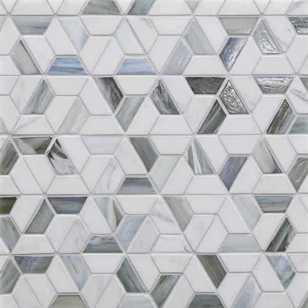 Vesuvio Kindred Mosaic Tile in Rock Garden features a modern geometric pattern with white, gray, and blue-toned hexagons and triangles. Crafted from durable ceramic, it offers a textured surface perfect for contemporary spaces.