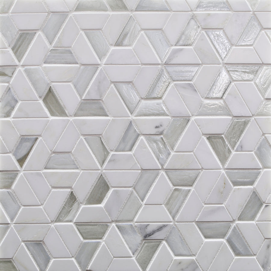 The Vesuvio 1.116 sf/sh Mosaic Tile in Kindred White Mountain features interlocking hexagons and parallelograms, creating a three-dimensional, marble-like, polished look with contemporary style and exceptional durability.