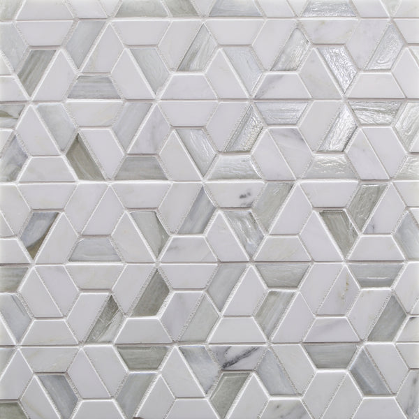 The Vesuvio 1.116 sf/sh Mosaic Tile in Kindred White Mountain features interlocking hexagons and parallelograms, creating a three-dimensional, marble-like, polished look with contemporary style and exceptional durability.