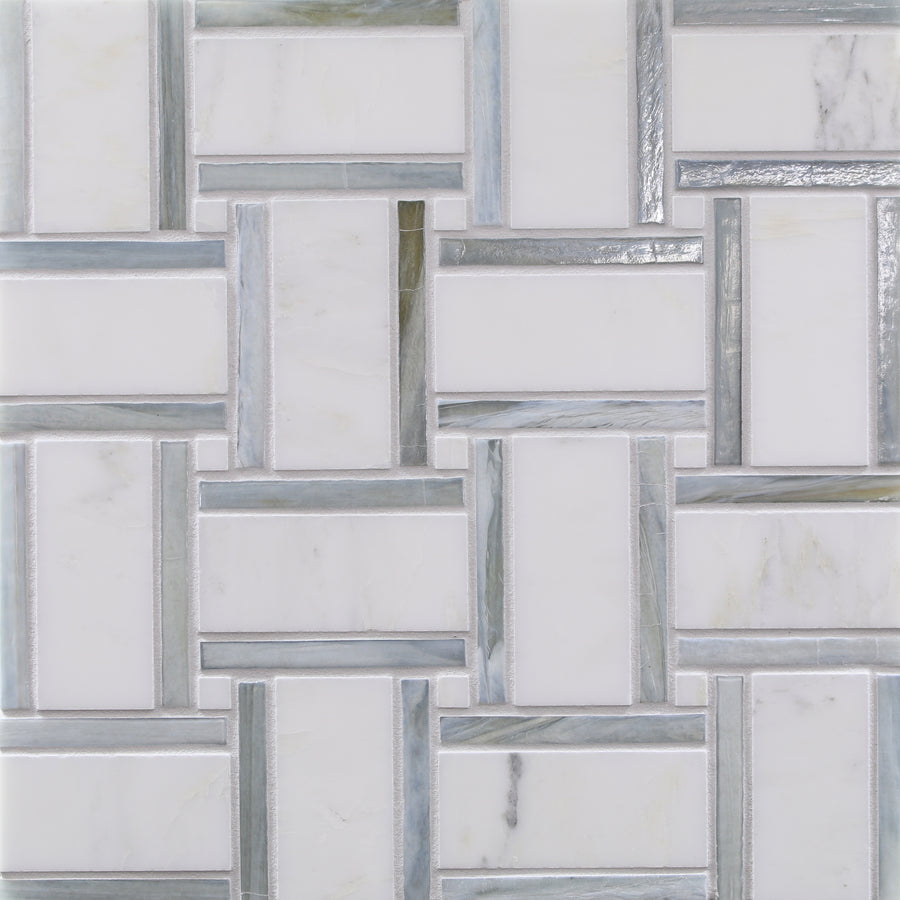 Vesuvio Panama Weave Night Mosaic Tile in Calabria features white and light gray rectangles in an interlocking geometric pattern, ideal for modern kitchen backsplashes or accent walls with subtle shade and veining variations.