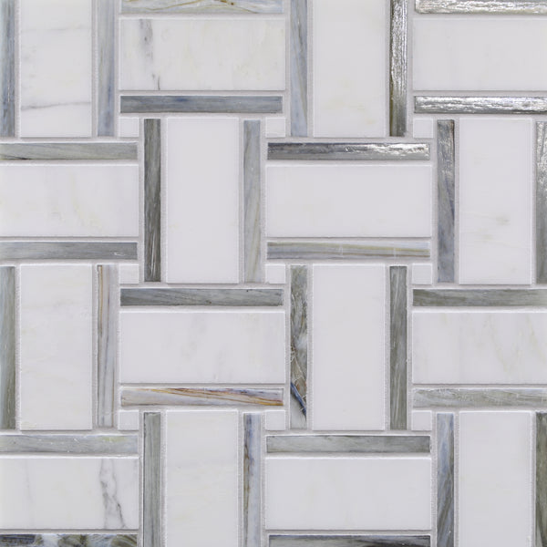 A close-up of the Vesuvio 1.116 sf/sh Mosaic Tile in Panama Weave Himalayan shows white rectangular tiles with thin gray borders, forming an interlocking, modern geometric pattern and a stylish, contemporary finish.