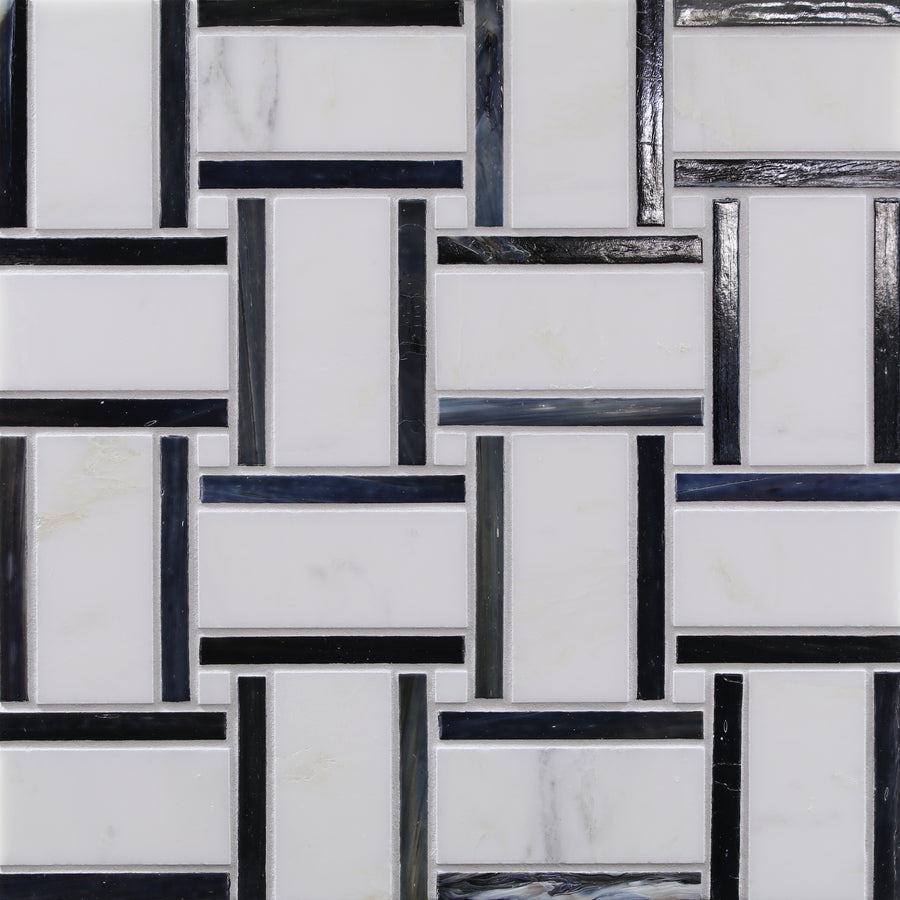 The Vesuvio Panama Weave Night Mosaic Tile in Night & Day features a geometric basketweave design with white tiles bordered in black and dark navy—ideal for elegant kitchen backsplashes or accent walls.