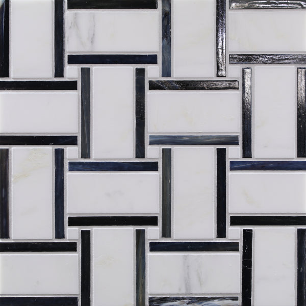 The Vesuvio Panama Weave Night Mosaic Tile in Night & Day features a geometric basketweave design with white tiles bordered in black and dark navy—ideal for elegant kitchen backsplashes or accent walls.