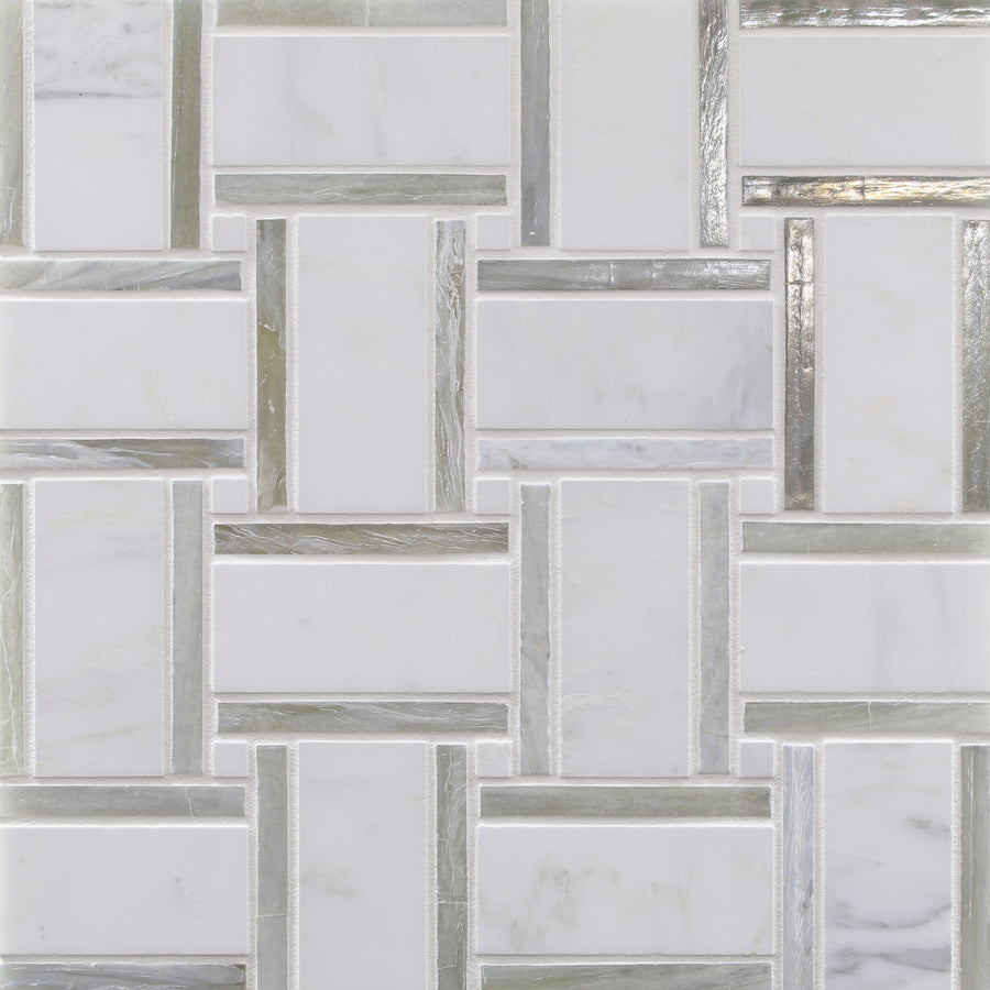 The Vesuvio 1.116 sf/sh Mosaic Tile in Panama Weave White features a geometric interlocking pattern with silver accents and a glossy finish, creating a modern and elegant textured surface for contemporary spaces.