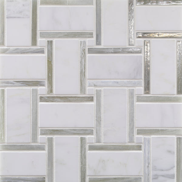 The Vesuvio 1.116 sf/sh Mosaic Tile in Panama Weave White features a geometric interlocking pattern with silver accents and a glossy finish, creating a modern and elegant textured surface for contemporary spaces.