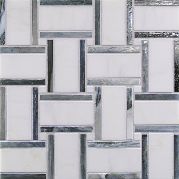The Vesuvio Mosaic Tile in Panama Weave Rock features rectangular white tiles in an interlocking basketweave design, highlighted with gray and blue marble-look accents for a modern, durable, and structured appearance.