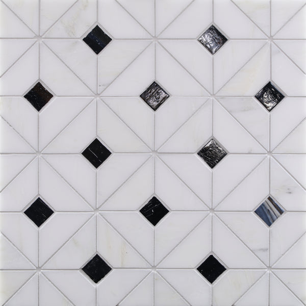 Geometric tile pattern features white triangles forming squares, each with Vesuvio Quilt Mosaic Tile in Night & Day as black diamond accents—ideal for backsplashes or accent walls on a crisp white background.