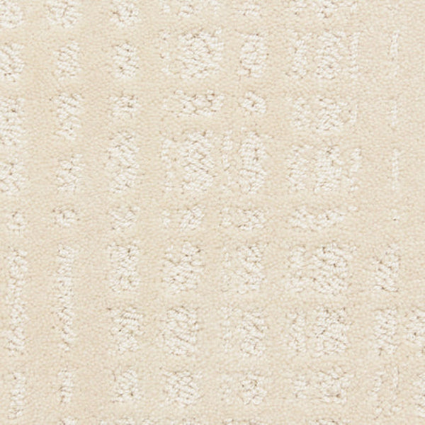Close-up of the Willow Lake On Trend Carpet in Lace, showcasing a subtle, slightly raised geometric pattern. Its soft, plush texture offers a luxurious feel, making it ideal for high-traffic areas.