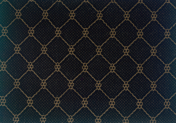 The Lake Boden Berber Carpet in black features a detailed gold diamond lattice pattern with floral motifs, creating an elegant, textured surface that’s ideal for modern home flooring.