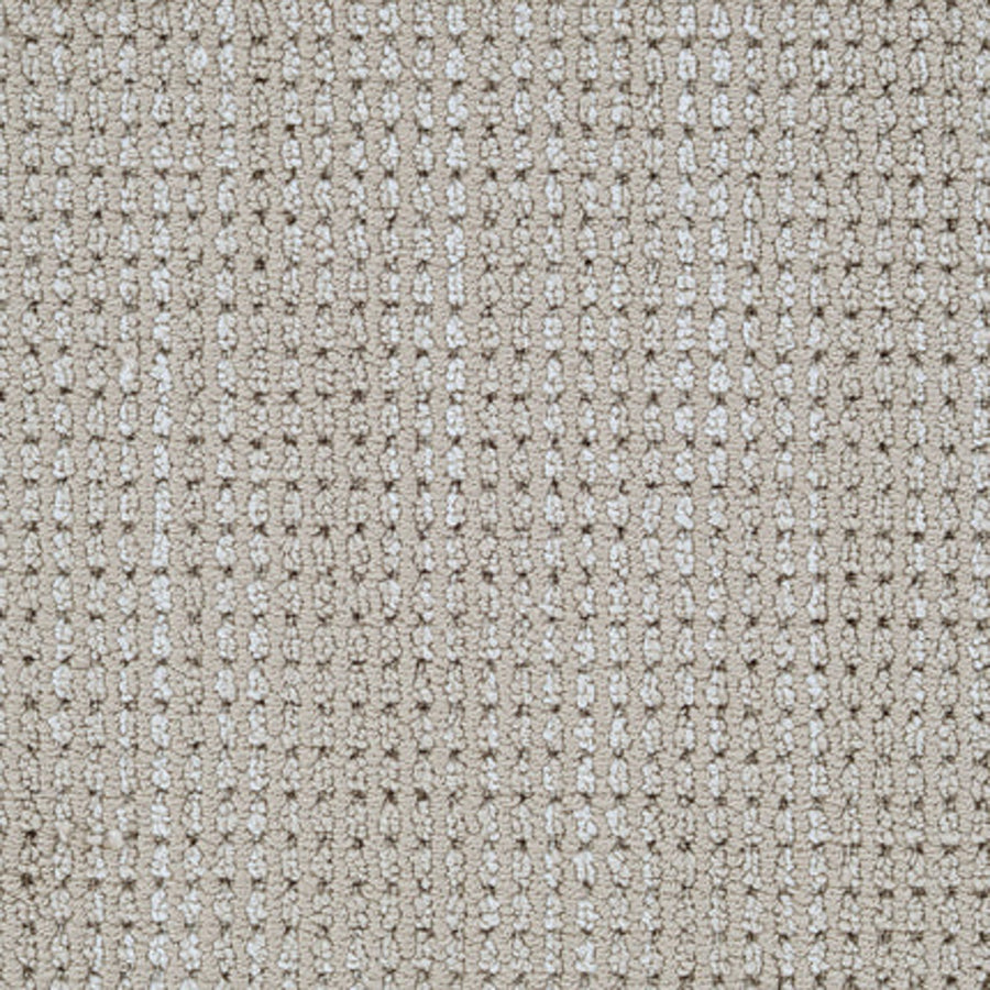 Close-up of Top Notch Berber Carpet in Latte, featuring a textured grid-like pattern with raised loops for a subtle checkerboard look. Tightly woven fibers provide durable, stain-resistant premium flooring.