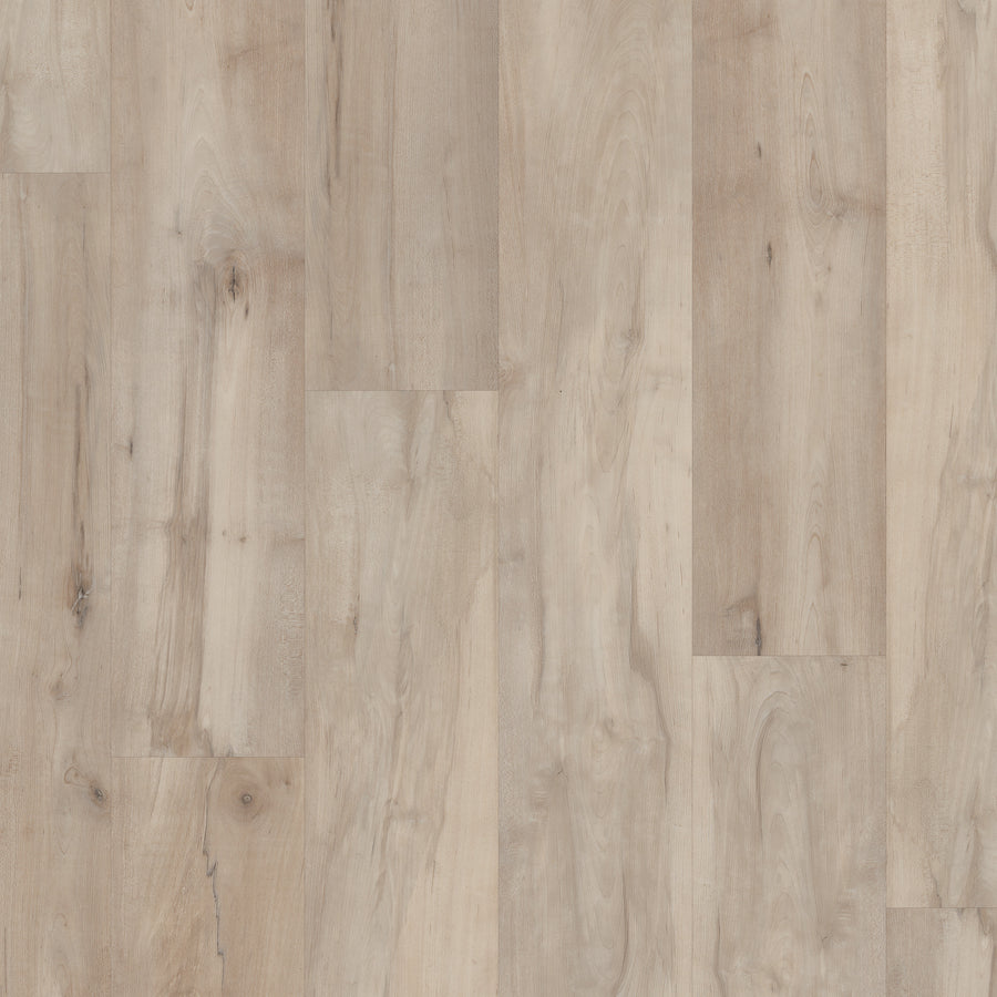 Coretec Pro Plus HD 7" Vinyl Plank features light-toned, waterproof luxury vinyl flooring with a smooth matte finish and subtle wood grain. Planks range from beige to light brown for a natural, rustic look.