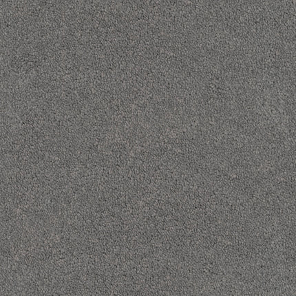 Close-up of Tribute Family Friendly Carpet in Le Jardin, featuring a textured gray, stain-resistant surface with tightly packed fibers for durability and a uniform, family-friendly look.