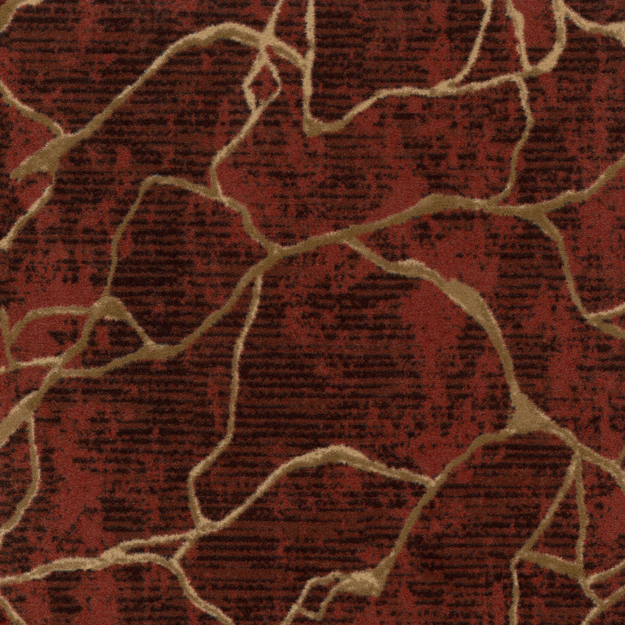 Close-up of Leading Edge On Trend Carpet in red and brown, featuring wavy beige lines. Its plush texture adds a modern touch to any space.