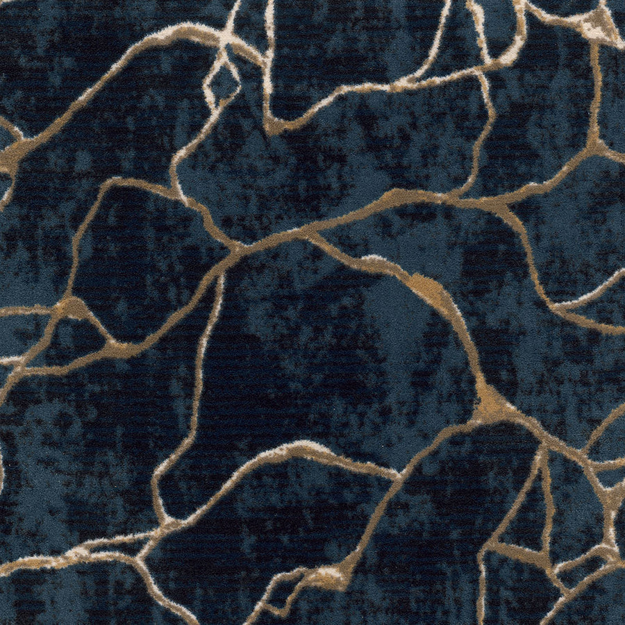 The Leading Edge On Trend Carpet features an abstract pattern with gold, vein-like lines on a dark blue and black marble-inspired background, creating an elegant, organic look ideal for modern interiors.