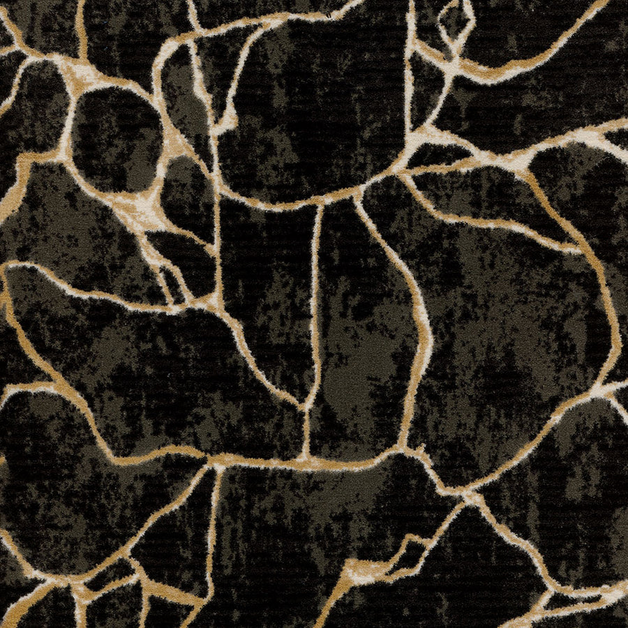 The Leading Edge On Trend Carpet features a dark surface accented by irregular gold and tan crack-like lines, creating a sophisticated, modern web-like pattern that embodies elegance and contemporary style.