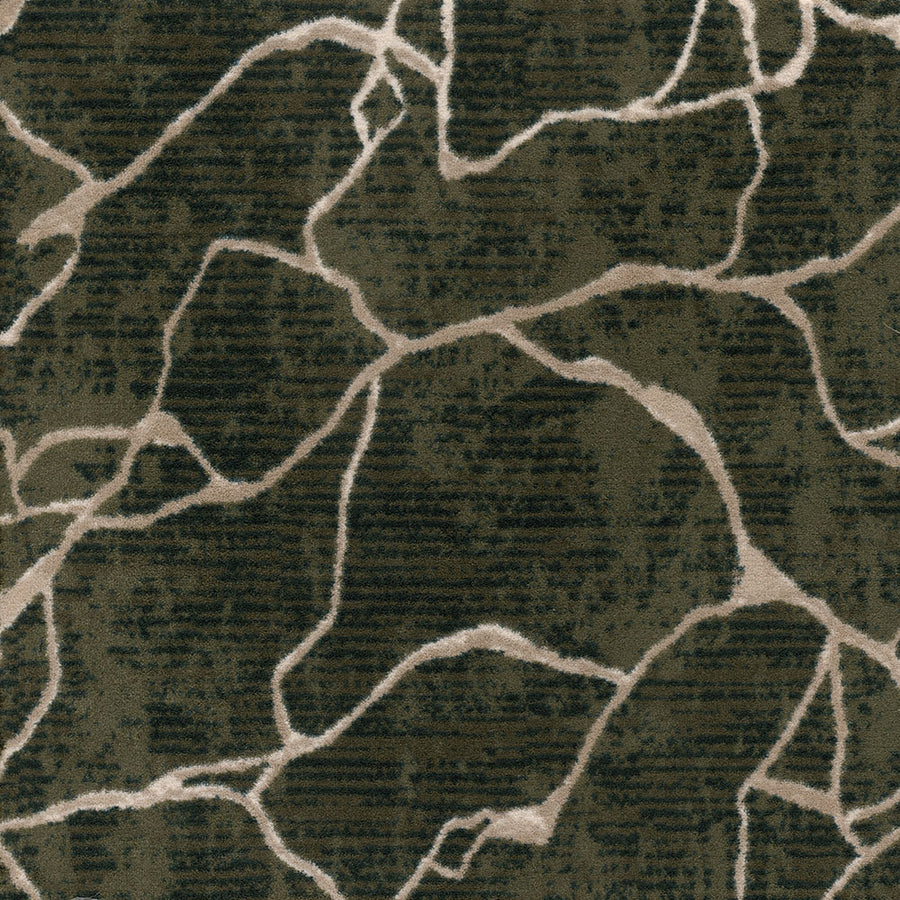 The Leading Edge On Trend Carpet features irregular beige lines on a dark green and olive textured background, creating a modern, map-like look—an artistic and stylish choice for any space.