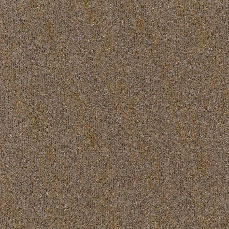 Close-up of Sneak Peak Berber Carpet in Leather Work color. Its dense, textured pile features a subtle linear pattern, creating warm brown tones and a soft, uniform, and durable flooring appearance.