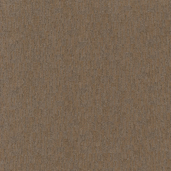 Close-up of Sneak Peak Berber Carpet in Leather Work color. Its dense, textured pile features a subtle linear pattern, creating warm brown tones and a soft, uniform, and durable flooring appearance.