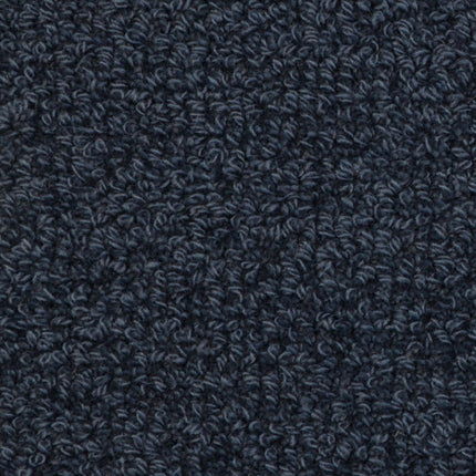 Close-up of Savant Berber Carpet in Lerman: a dark blue, loop pile carpet with tightly woven, curly fibers. Its dense, textured surface offers softness and durability, making it ideal for high-traffic areas.