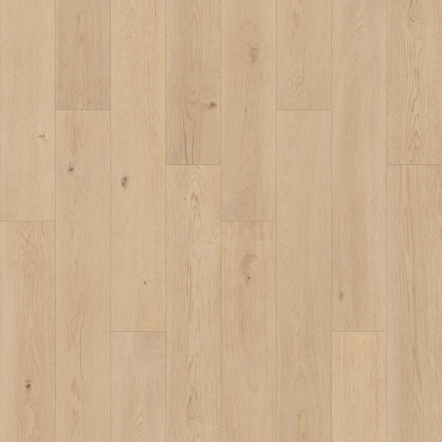 Woodlette Estates 7 1/2" Waterproof Laminate in Light Beige Oak features a natural grain pattern with subtle knots and a smooth matte finish, arranged in horizontal planks for a clean, modern look.