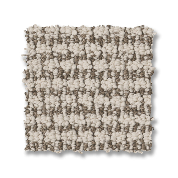 The Laine On Trend Carpet is a rectangular loop pile luxury carpet featuring a textured pattern in light beige and taupe on a white background.