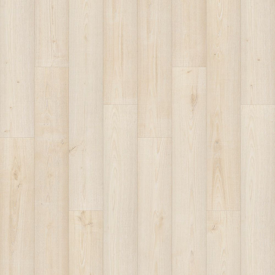 Lidden Brook 7 1/2" Waterproof Laminate in Limewash Oak features light wood-look planks with a natural grain, subtle knots, and a smooth matte finish for a durable, modern, and clean appearance.
