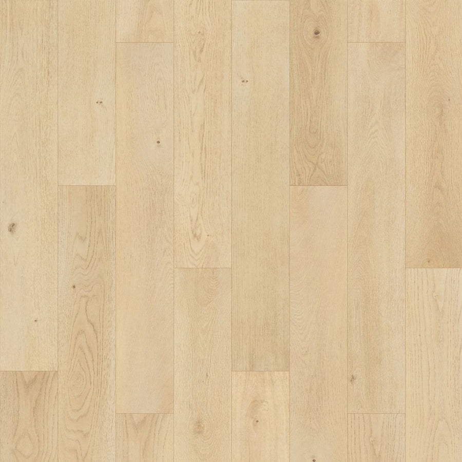 Woodlette Estates 7 1/2" Waterproof Laminate in Linen Oak features light-colored wood-look planks with natural grain patterns. Durable laminate is arranged in a parallel pattern for a clean, modern appearance.
