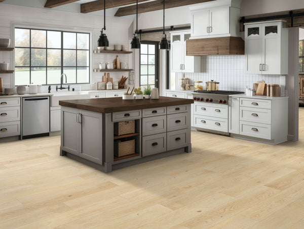 A spacious modern kitchen features Woodlette Estates 7 1/2