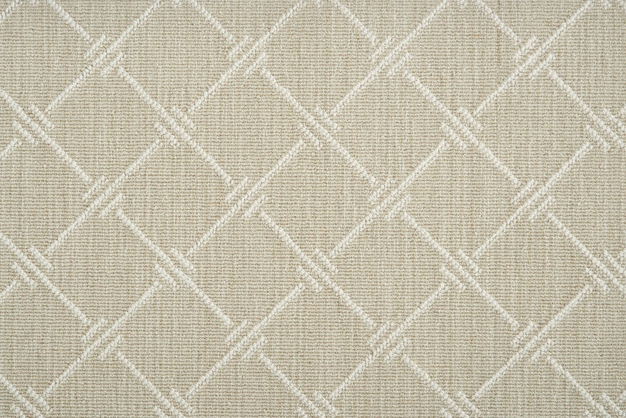 Dalton Berber Carpet in Linen features a beige textured fabric with a subtle geometric diamond pattern of intersecting lines, offering a slightly raised, tactile feel—ideal for timeless elegance in flooring.