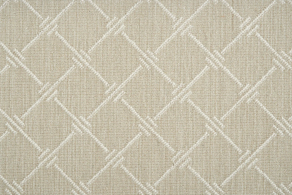 Dalton Berber Carpet in Linen features a beige textured fabric with a subtle geometric diamond pattern of intersecting lines, offering a slightly raised, tactile feel—ideal for timeless elegance in flooring.