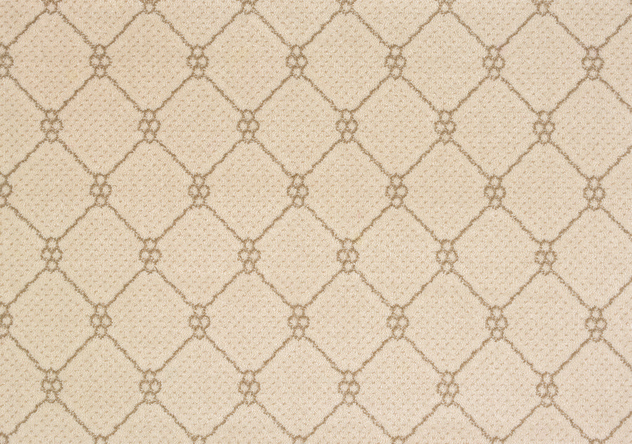 Lake Boden Berber Carpet in Linen features a subtle, repeating diamond lattice outlined in light brown for an elegant, textured geometric look—ideal for durable flooring in any modern home.