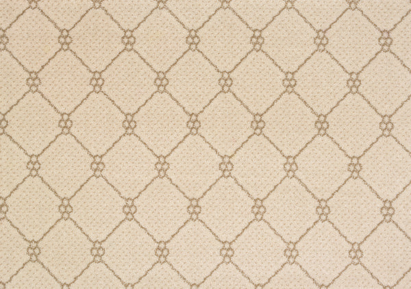 Lake Boden Berber Carpet in Linen features a subtle, repeating diamond lattice outlined in light brown for an elegant, textured geometric look—ideal for durable flooring in any modern home.