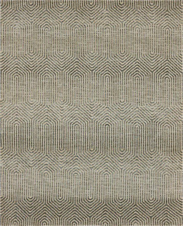 The Bowen Lost City Area Rug in beige and gray features geometric concentric hexagons and lines, forming an optical illusion. Its luxury horizontal bands bring modern elegance to any space.