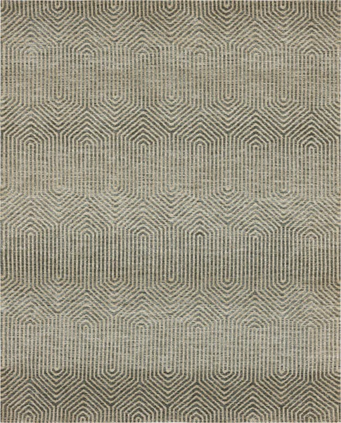 The Bowen Lost City Area Rug in beige and gray features geometric concentric hexagons and lines, forming an optical illusion. Its luxury horizontal bands bring modern elegance to any space.