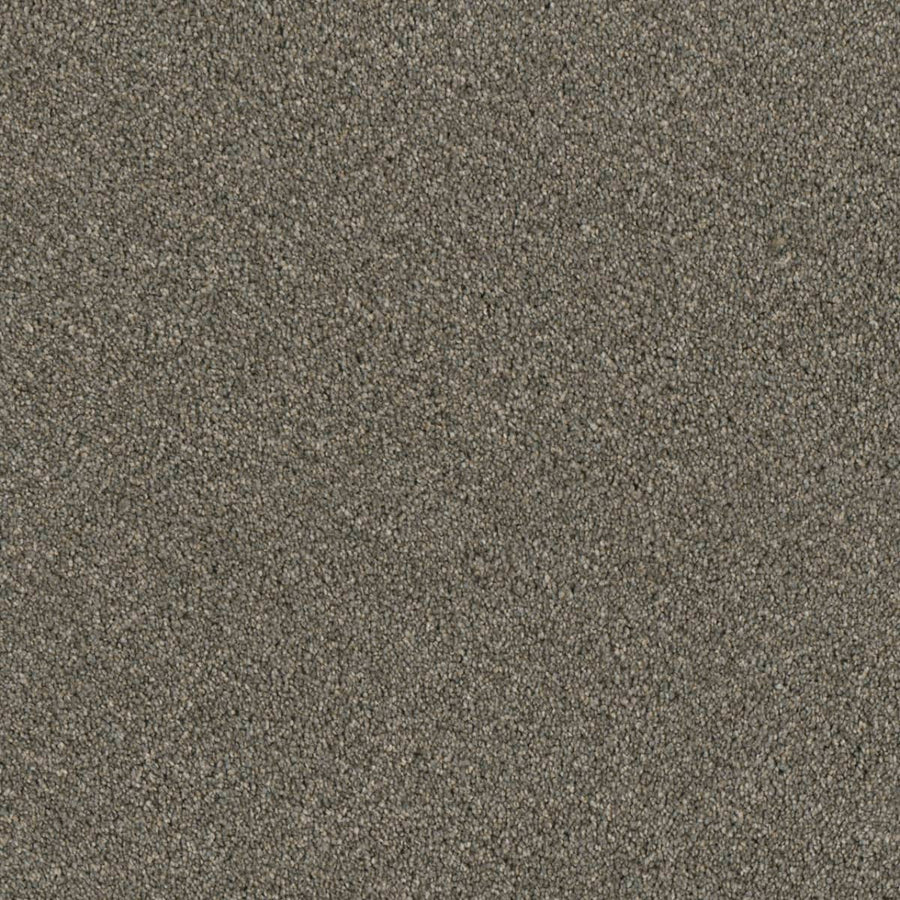 A close-up of Luxor Family Friendly Carpet in Smooth Sailing color shows a finely textured, grayish-brown surface, perfect for creating durable and inviting family spaces.