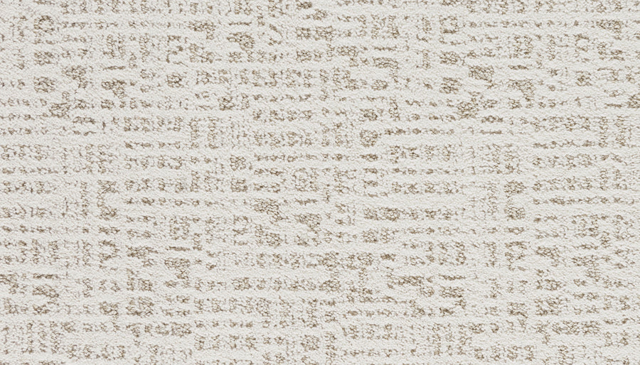 Close-up of Luxuriant Path Pet Friendly Carpet in White Linen—a textured, durable surface with low, dense fibers and subtle, irregular geometric patterns in light tones. Soft underfoot and easy to care for, it’s designed for long-lasting performance.