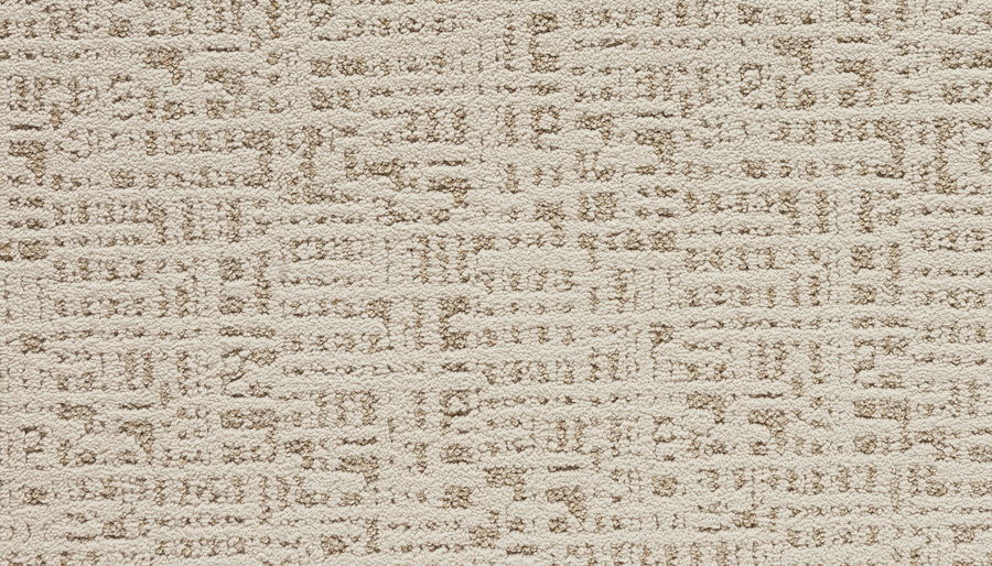 Close-up of Luxuriant Path Pet Friendly Carpet in Outer Banks, featuring a textured beige surface with a geometric maze-like pattern in varied tones for subtle contrast and lasting durability.