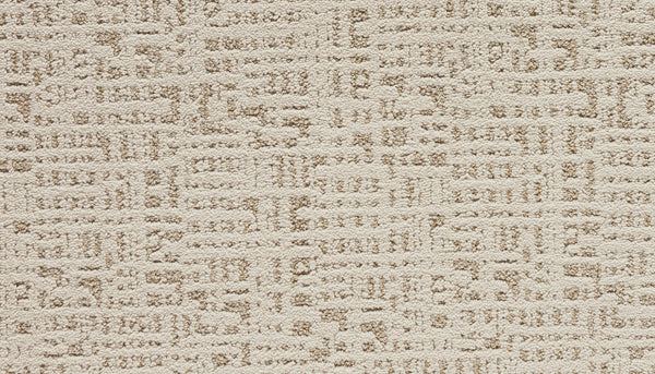 Close-up of Luxuriant Path Pet Friendly Carpet in Outer Banks, featuring a textured beige surface with a geometric maze-like pattern in varied tones for subtle contrast and lasting durability.